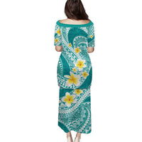 Plumeria Polynesian Teal Glitter Pattern Puletasi LT01 - Polynesian Pride