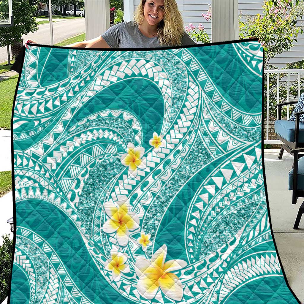Plumeria Polynesian Teal Glitter Pattern Quilt