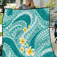 Plumeria Polynesian Teal Glitter Pattern Quilt