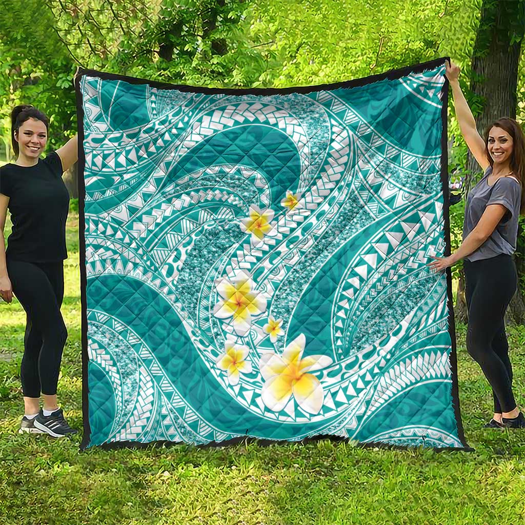 Plumeria Polynesian Teal Glitter Pattern Quilt