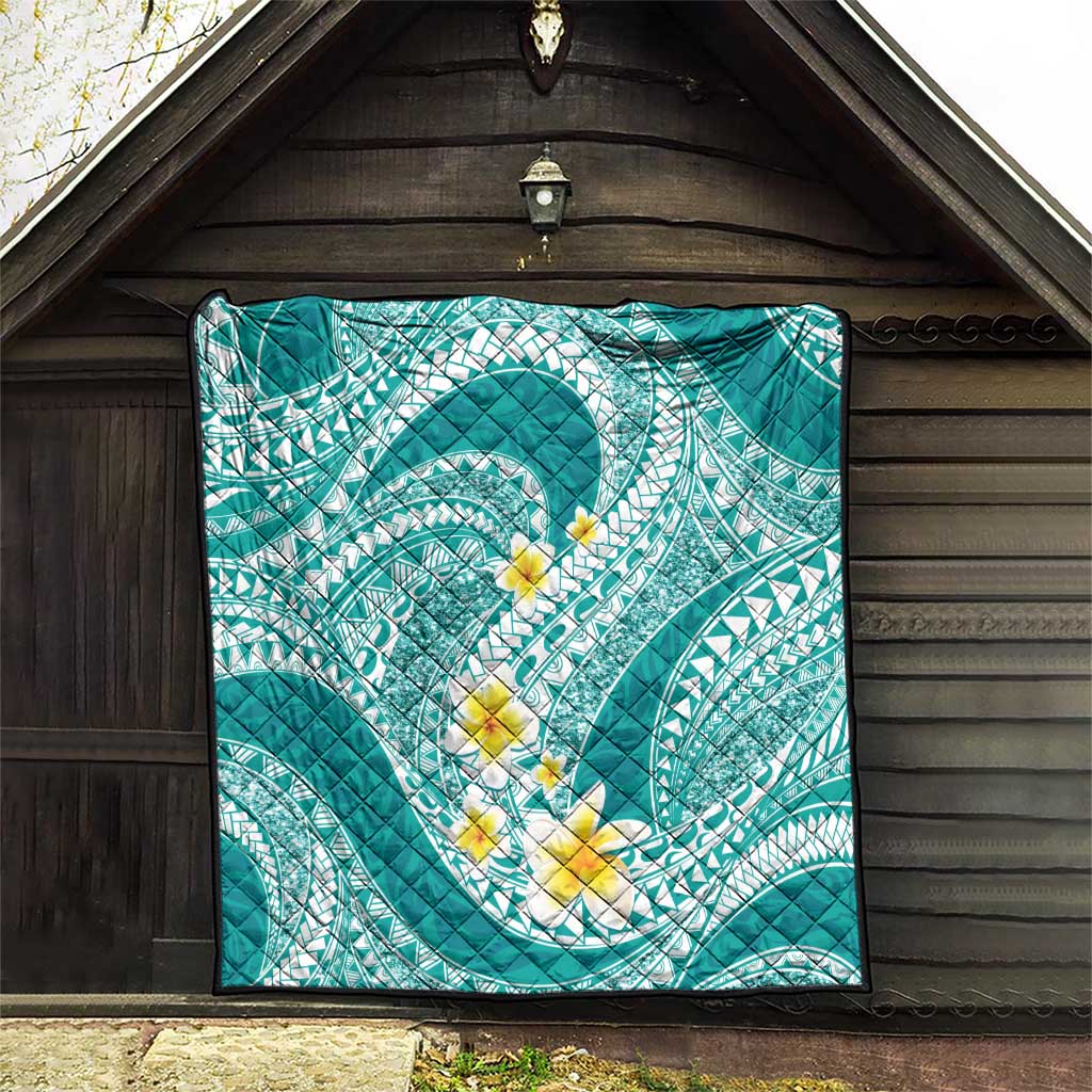 Plumeria Polynesian Teal Glitter Pattern Quilt