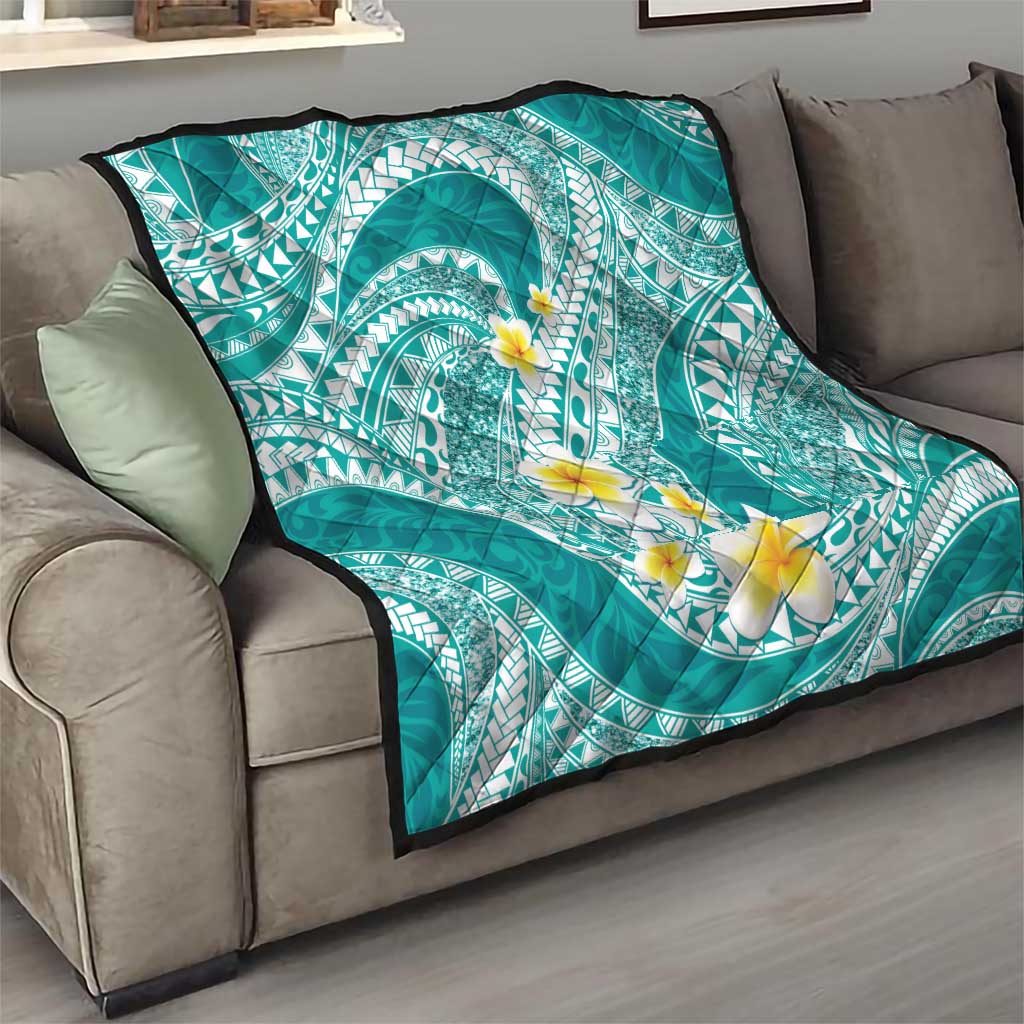 Plumeria Polynesian Teal Glitter Pattern Quilt