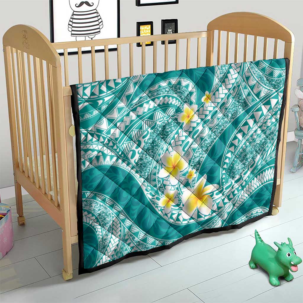 Plumeria Polynesian Teal Glitter Pattern Quilt