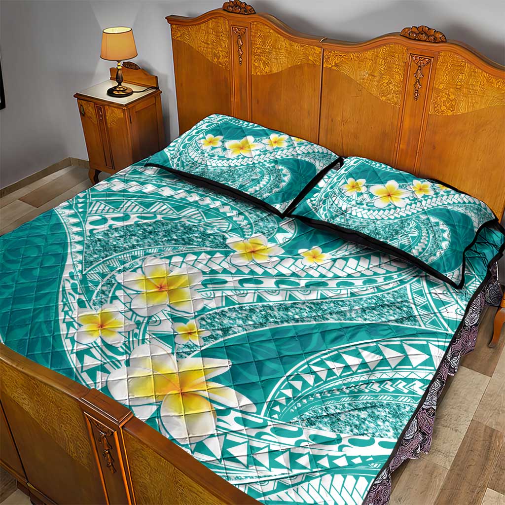 Plumeria Polynesian Teal Glitter Pattern Quilt Bed Set LT01 - Polynesian Pride