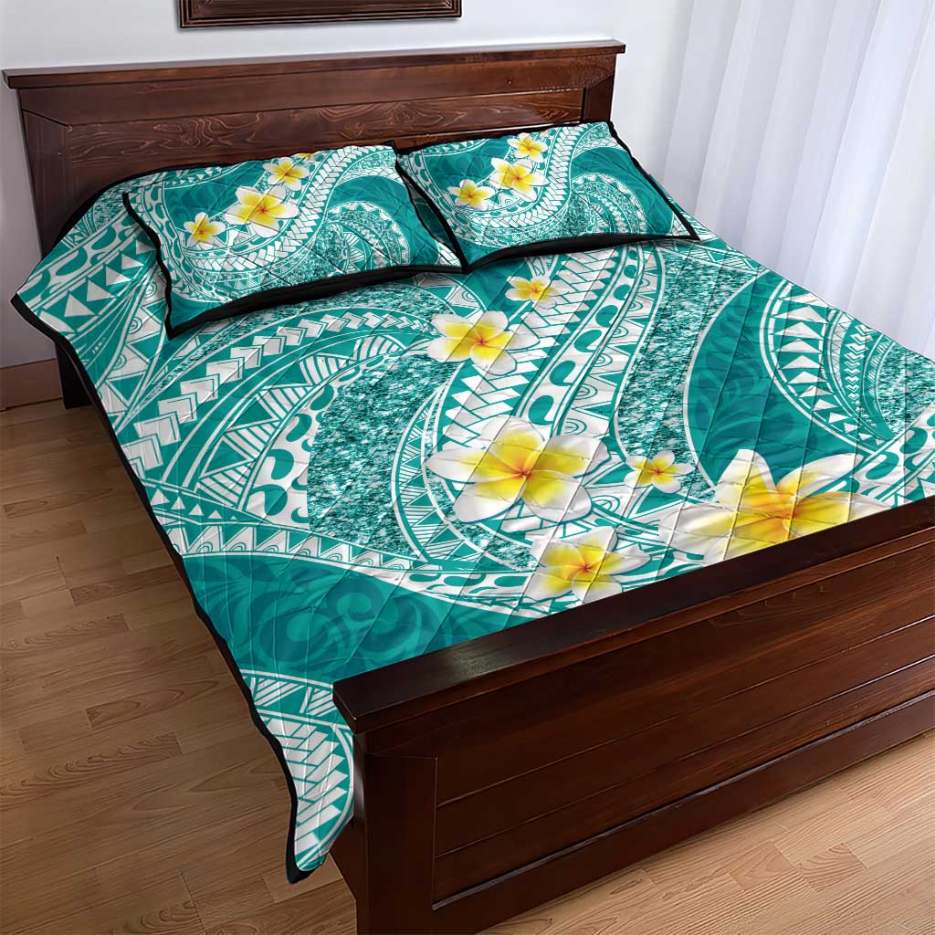 Plumeria Polynesian Teal Glitter Pattern Quilt Bed Set LT01 - Polynesian Pride
