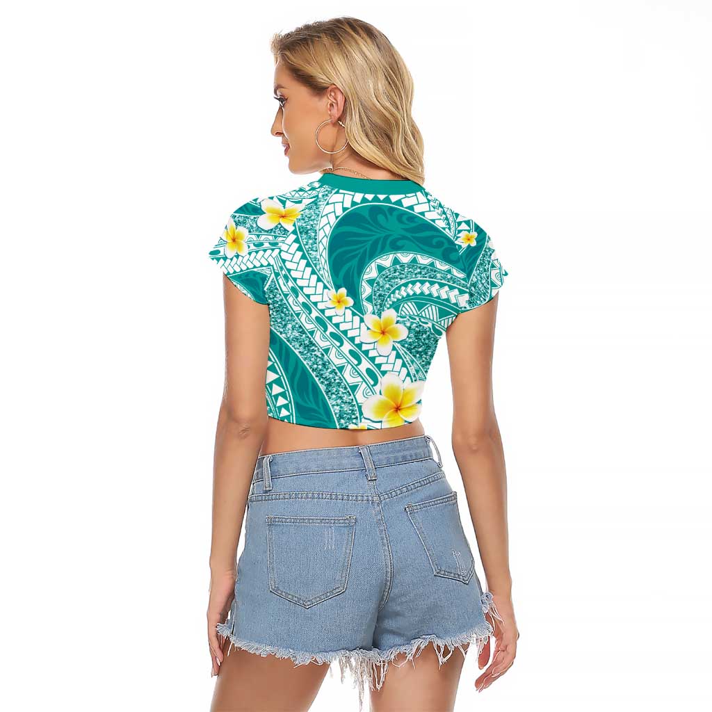 Plumeria Polynesian Teal Glitter Pattern Raglan Cropped T Shirt LT01 - Polynesian Pride