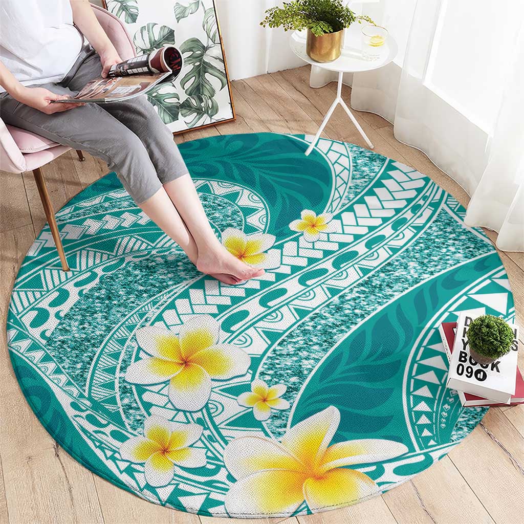 Plumeria Polynesian Teal Glitter Pattern Round Carpet