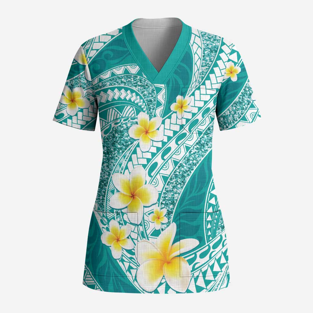 Plumeria Polynesian Teal Glitter Pattern Scrub Top LT01 Adult Teal - Polynesian Pride