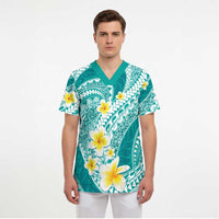 Plumeria Polynesian Teal Glitter Pattern Scrub Top LT01 - Polynesian Pride