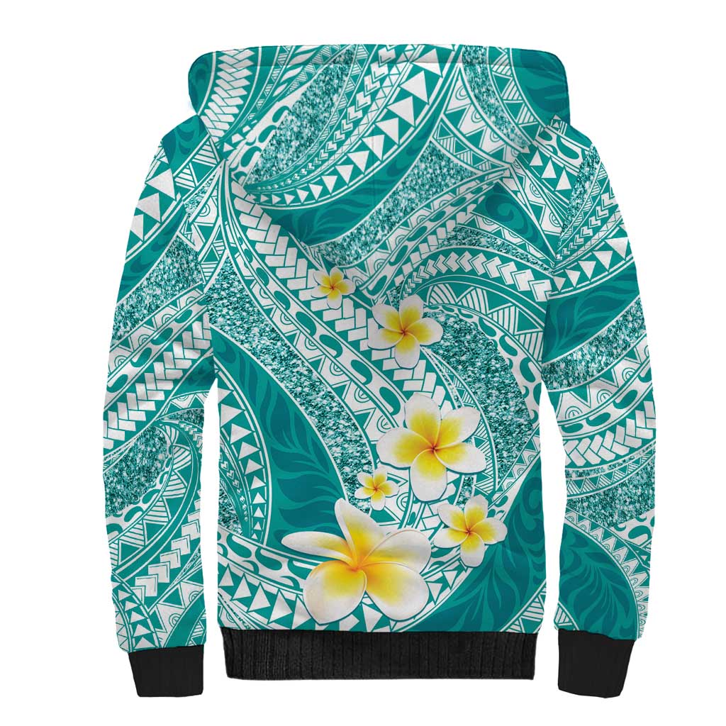 Plumeria Polynesian Teal Glitter Pattern Sherpa Hoodie LT01 - Polynesian Pride