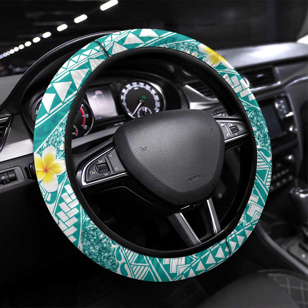 Plumeria Polynesian Teal Glitter Pattern Steering Wheel Cover LT01 Universal Fit Teal - Polynesian Pride