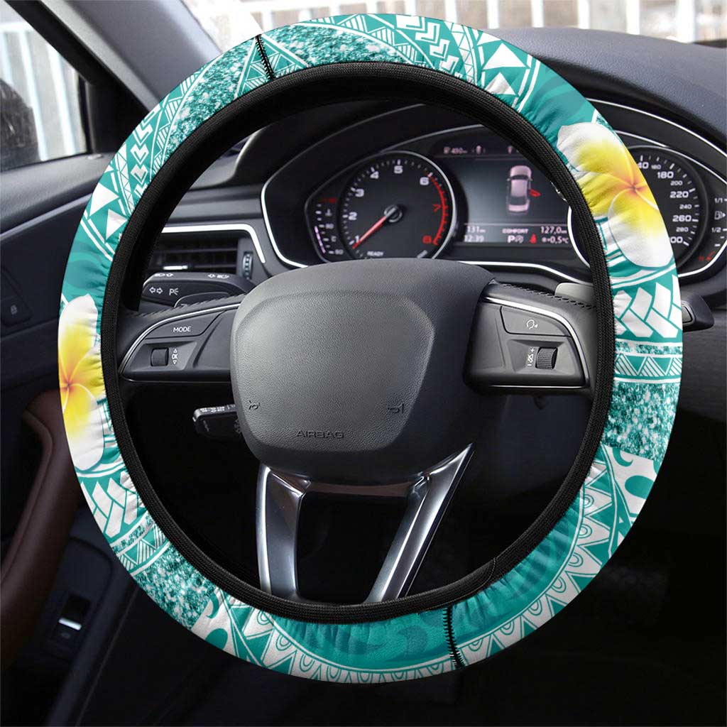 Plumeria Polynesian Teal Glitter Pattern Steering Wheel Cover LT01 - Polynesian Pride