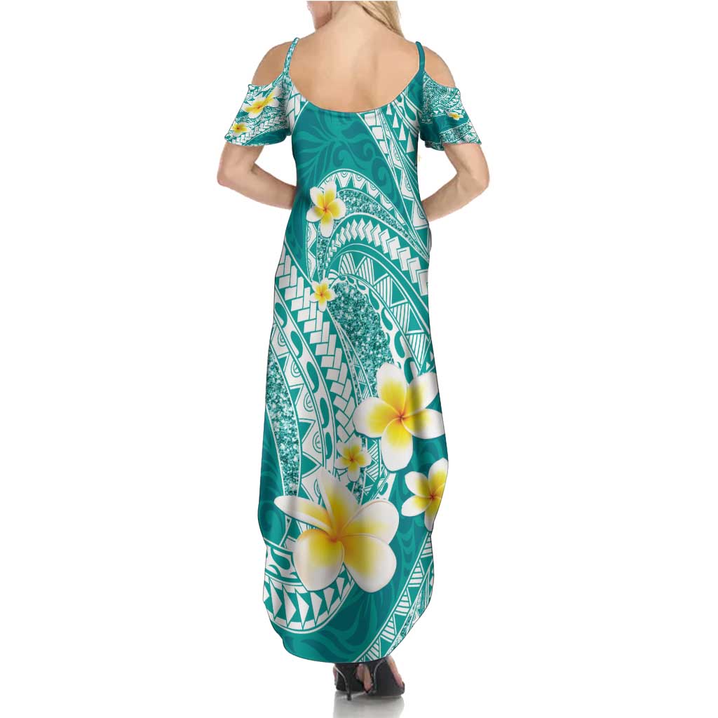 Plumeria Polynesian Teal Glitter Pattern Summer Maxi Dress LT01 - Polynesian Pride