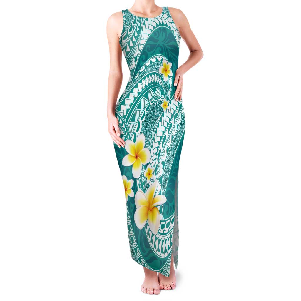 Plumeria Polynesian Teal Glitter Pattern Tank Maxi Dress LT01 Women Teal - Polynesian Pride