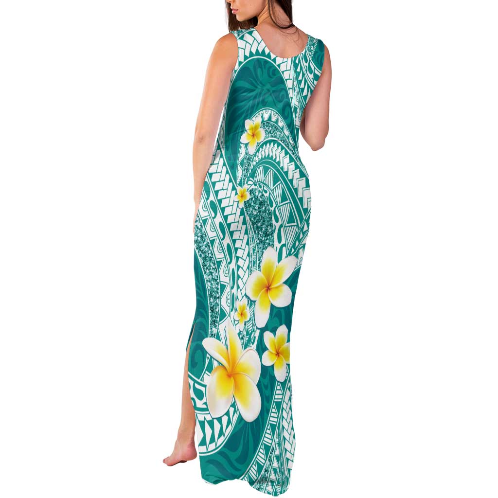 Plumeria Polynesian Teal Glitter Pattern Tank Maxi Dress LT01 - Polynesian Pride