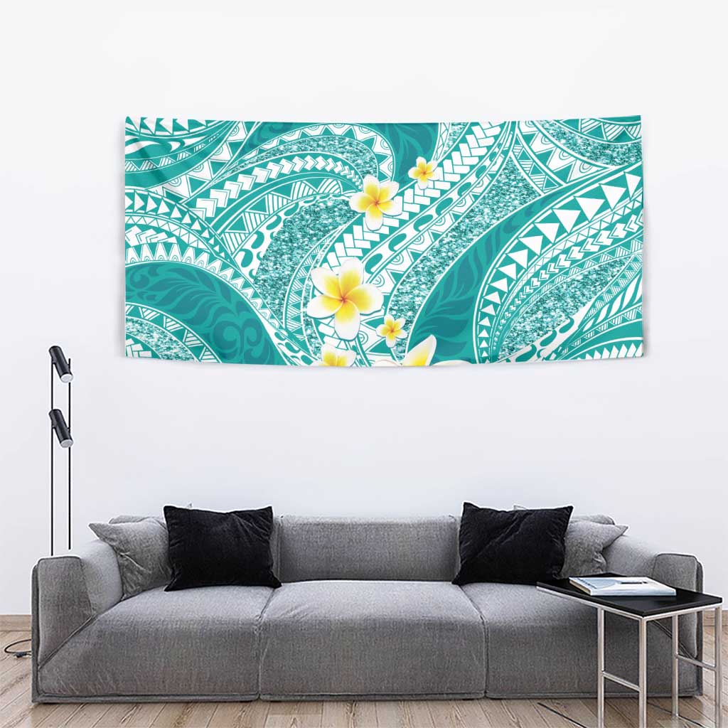 Plumeria Polynesian Teal Glitter Pattern Tapestry