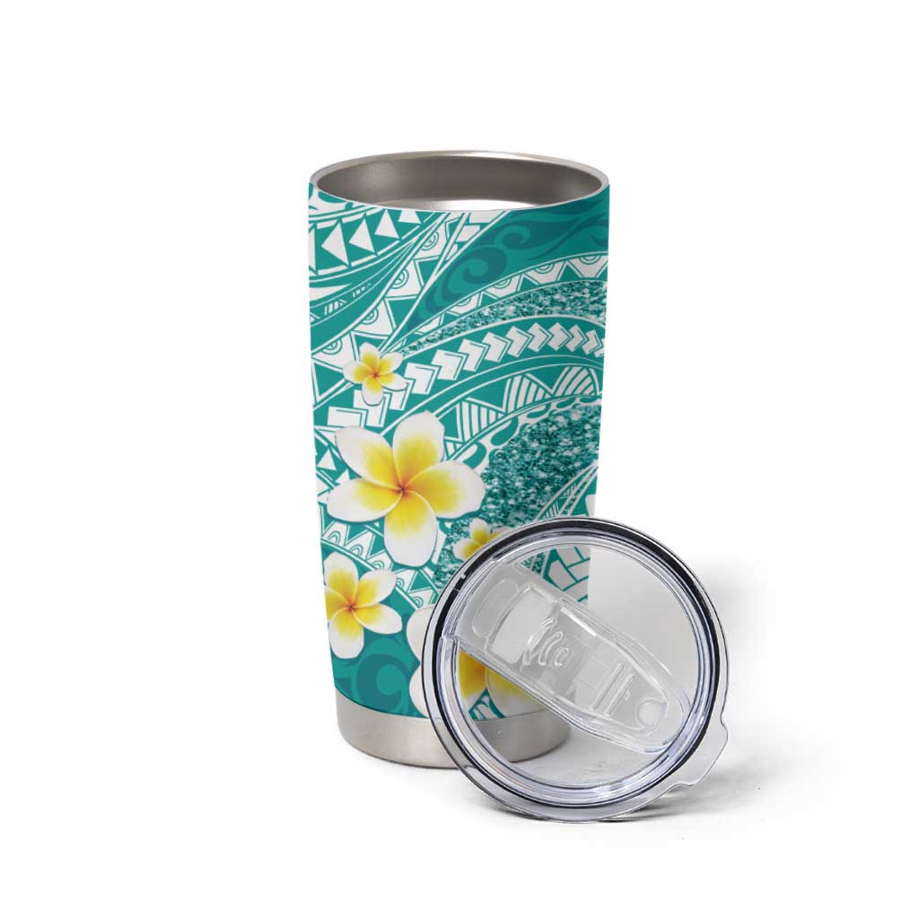 Plumeria Polynesian Teal Glitter Pattern Tumbler Cup LT01 - Polynesian Pride
