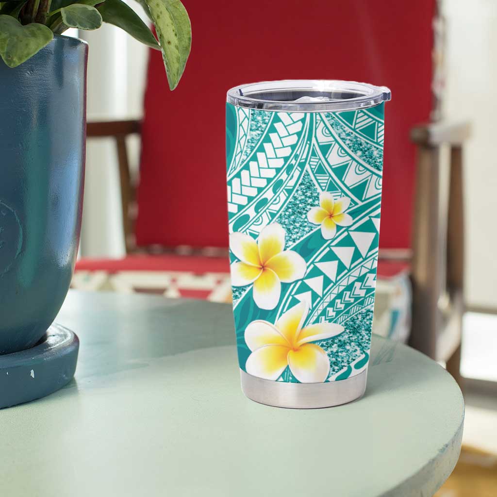 Plumeria Polynesian Teal Glitter Pattern Tumbler Cup LT01 - Polynesian Pride