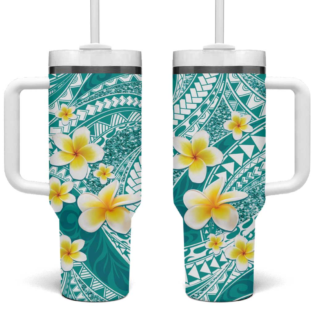 Plumeria Polynesian Teal Glitter Pattern Tumbler With Handle LT01 One Size: 40 oz Teal - Polynesian Pride