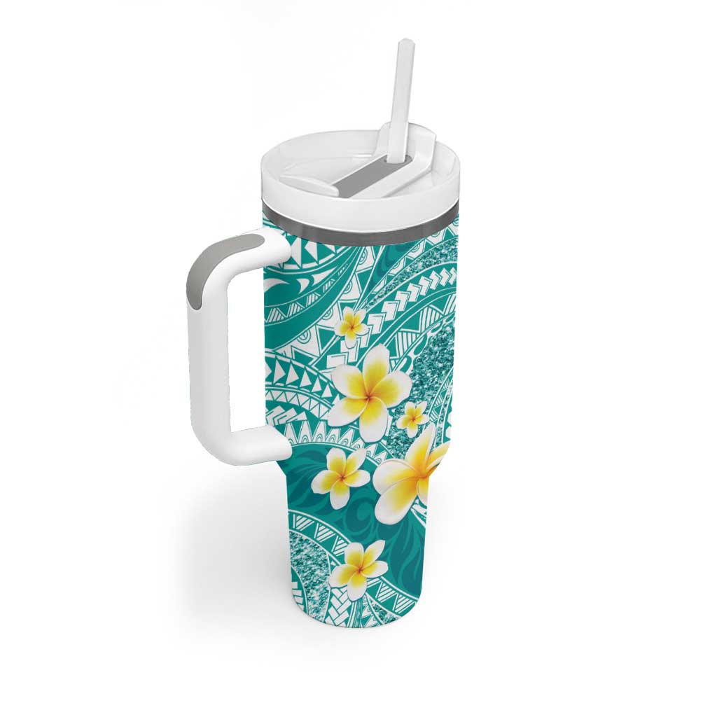 Plumeria Polynesian Teal Glitter Pattern Tumbler With Handle LT01 - Polynesian Pride