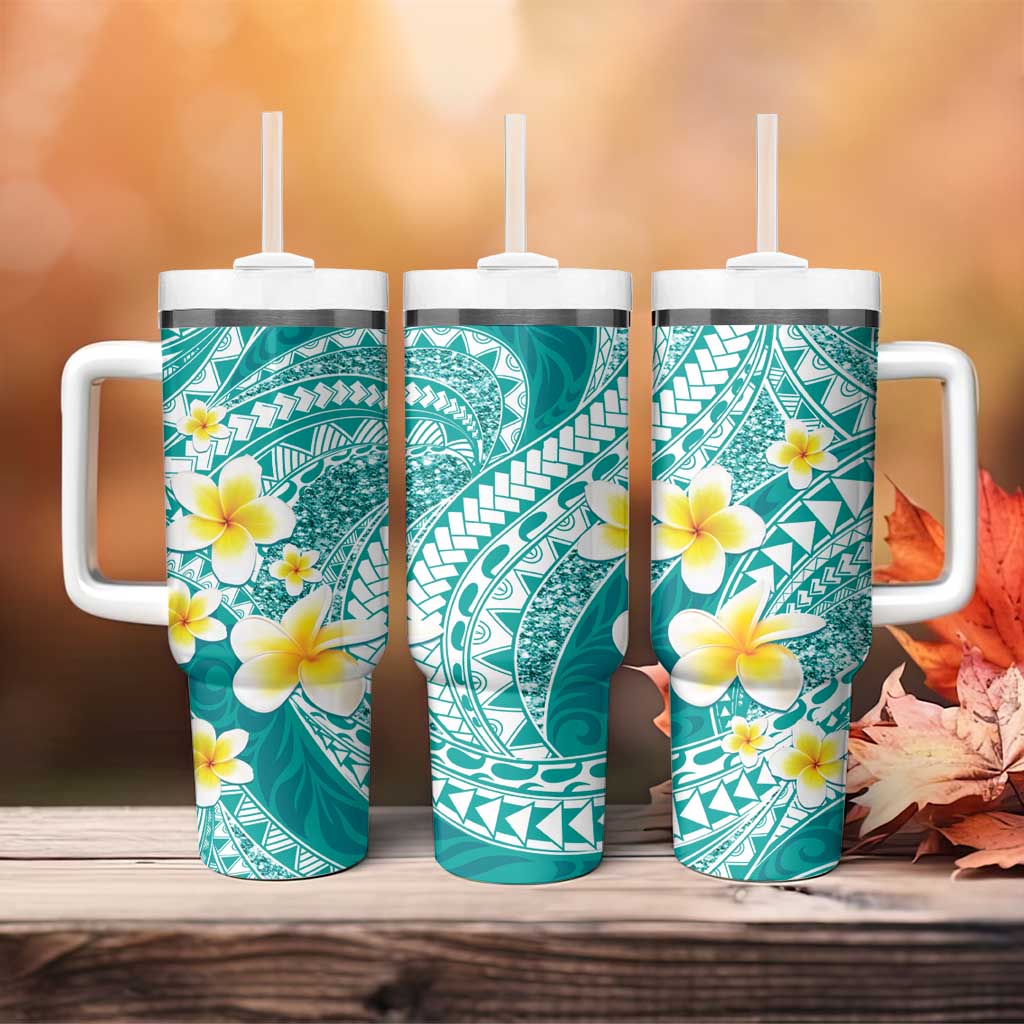 Plumeria Polynesian Teal Glitter Pattern Tumbler With Handle LT01 - Polynesian Pride
