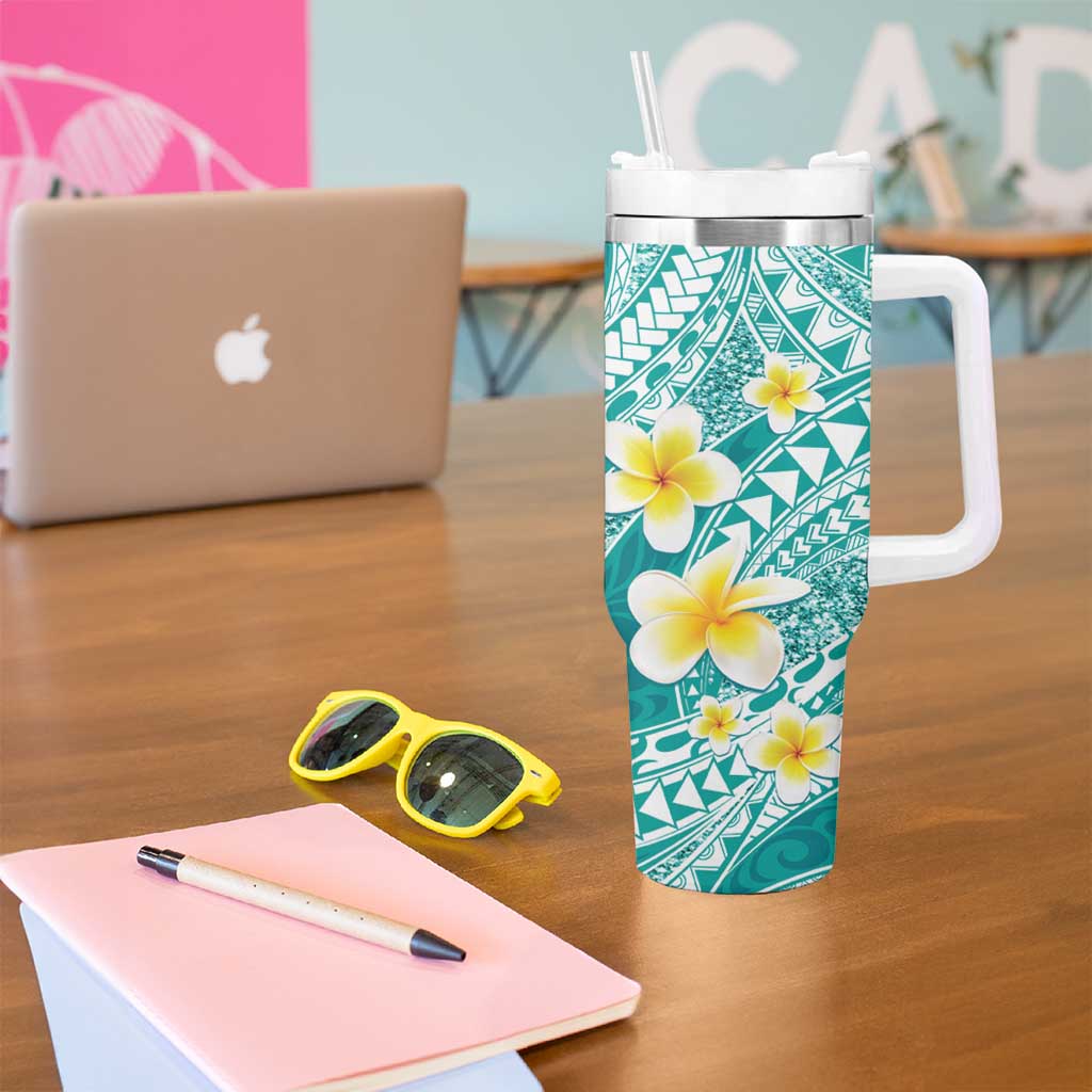 Plumeria Polynesian Teal Glitter Pattern Tumbler With Handle LT01 - Polynesian Pride