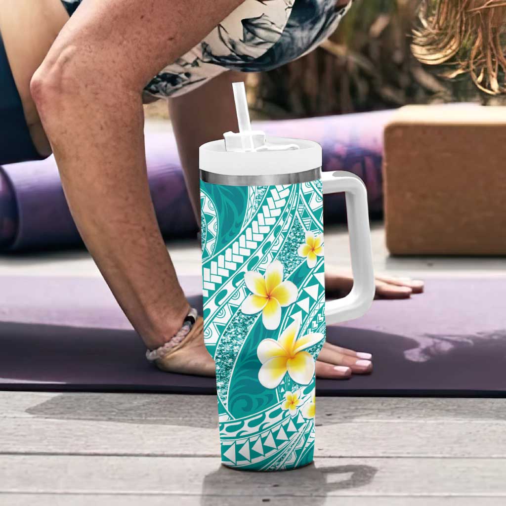 Plumeria Polynesian Teal Glitter Pattern Tumbler With Handle LT01 - Polynesian Pride