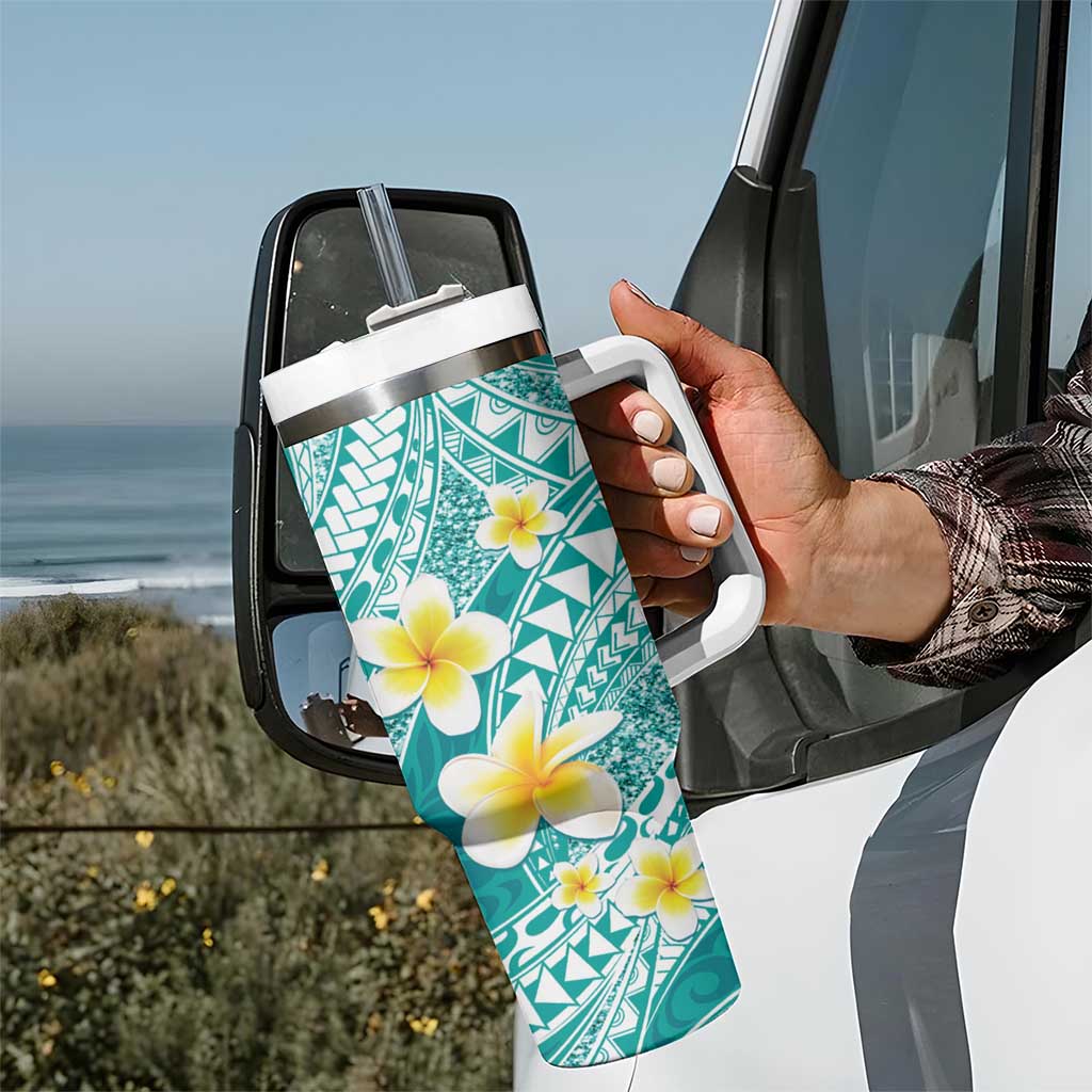 Plumeria Polynesian Teal Glitter Pattern Tumbler With Handle LT01 - Polynesian Pride
