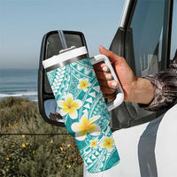 Plumeria Polynesian Teal Glitter Pattern Tumbler With Handle LT01 - Polynesian Pride