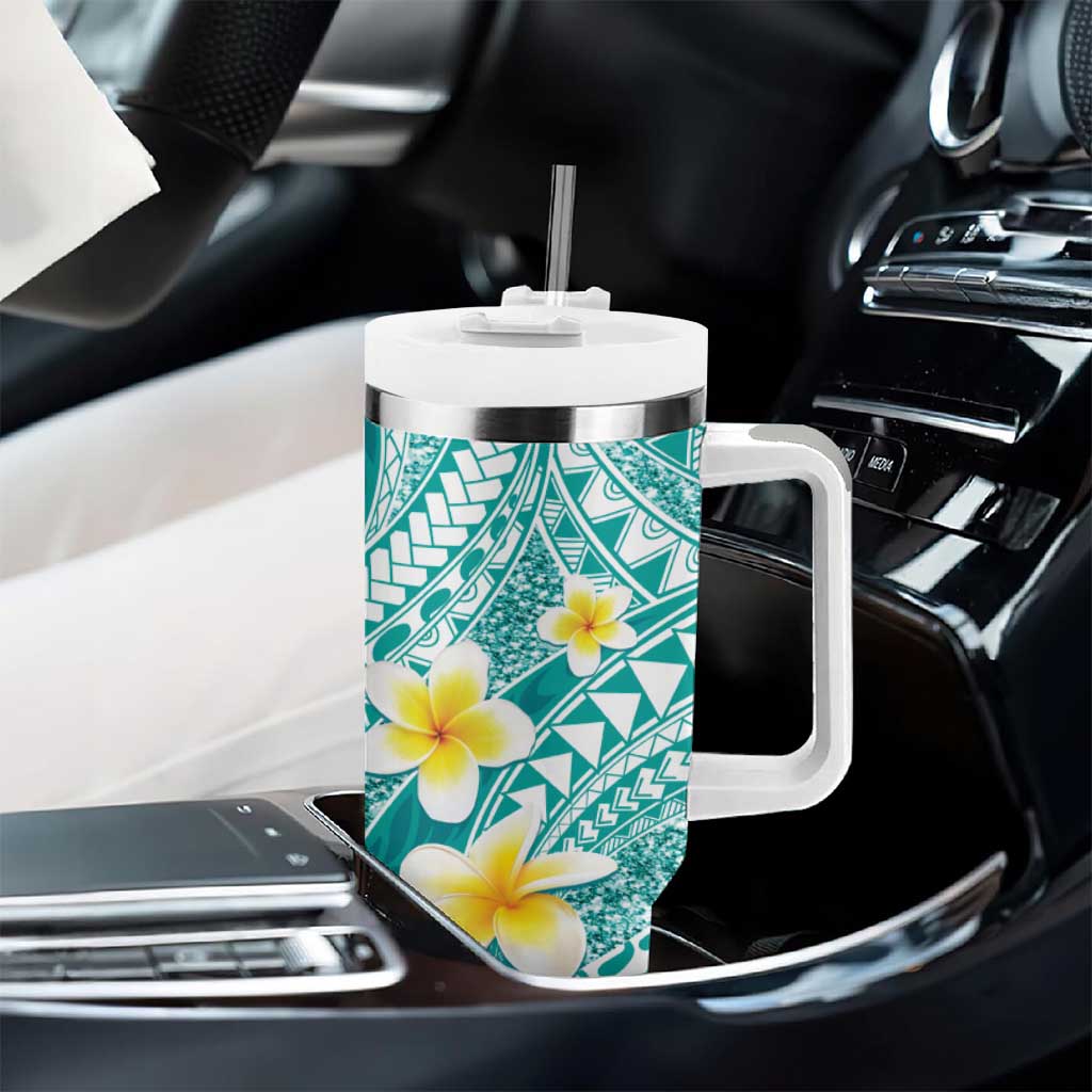 Plumeria Polynesian Teal Glitter Pattern Tumbler With Handle LT01 - Polynesian Pride