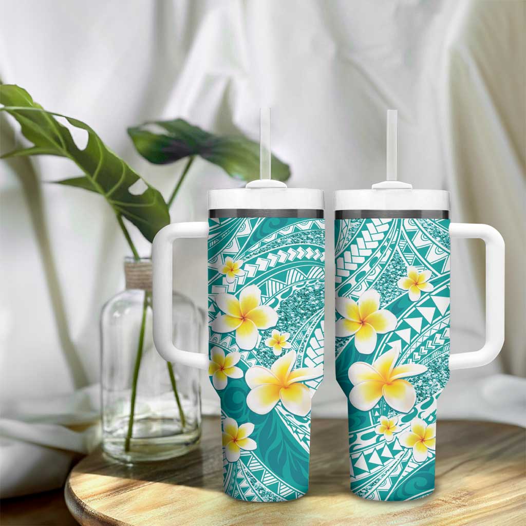 Plumeria Polynesian Teal Glitter Pattern Tumbler With Handle LT01 - Polynesian Pride