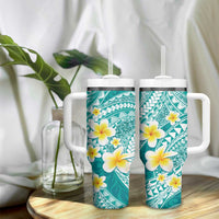 Plumeria Polynesian Teal Glitter Pattern Tumbler With Handle LT01 - Polynesian Pride