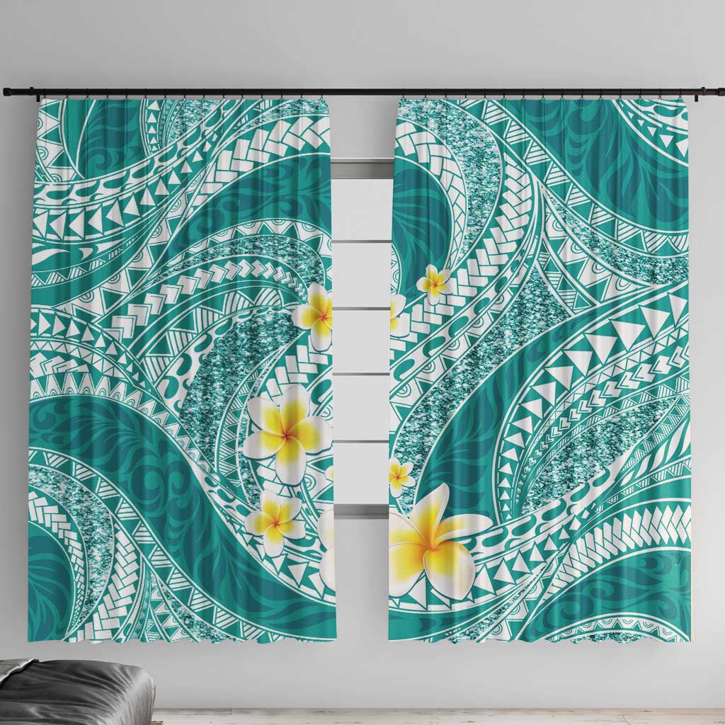 Plumeria Polynesian Teal Glitter Pattern Window Curtain LT01 With Hooks Teal - Polynesian Pride