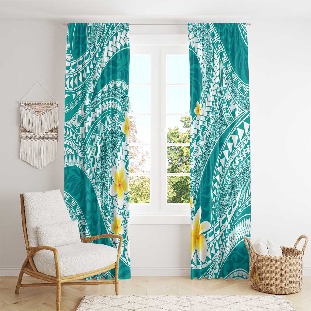 Plumeria Polynesian Teal Glitter Pattern Window Curtain LT01 - Polynesian Pride