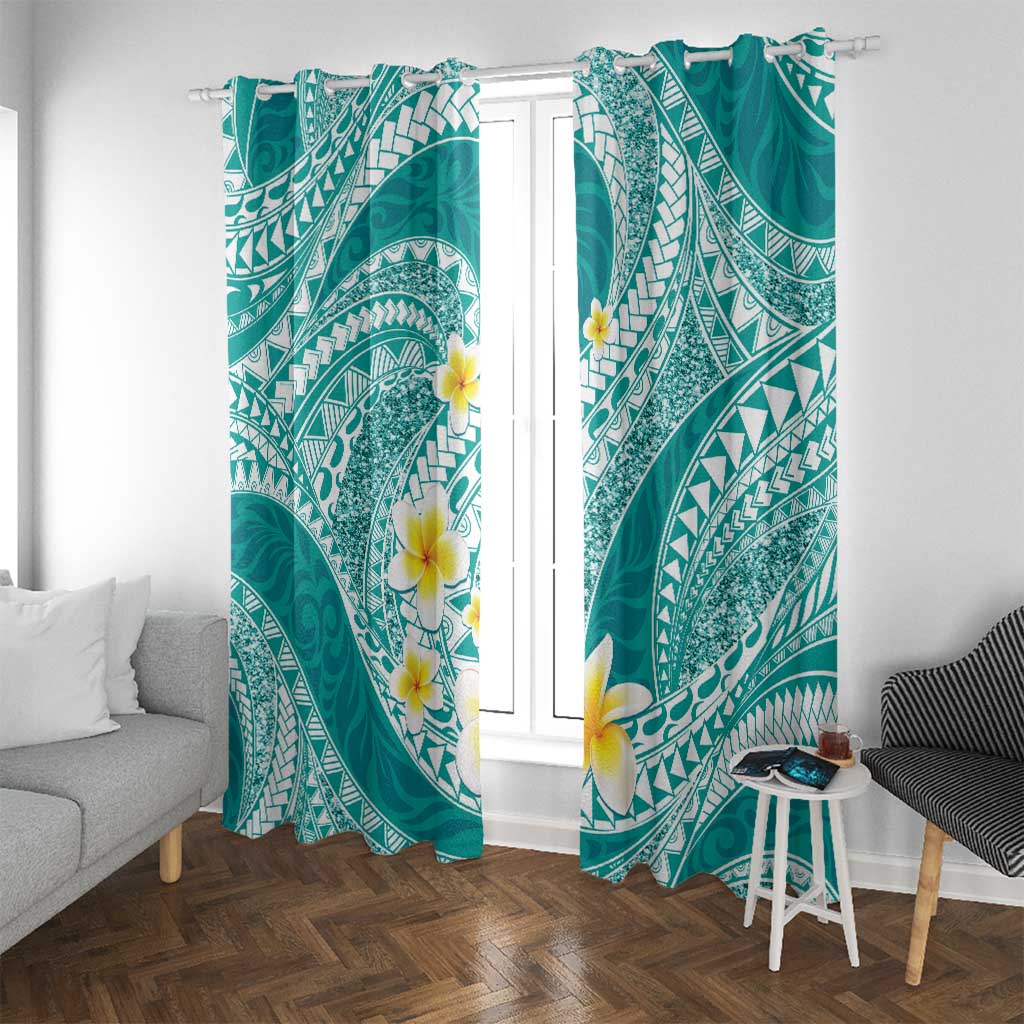 Plumeria Polynesian Teal Glitter Pattern Window Curtain LT01 With Grommets Teal - Polynesian Pride