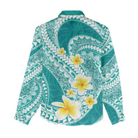 Plumeria Polynesian Teal Glitter Pattern Women Casual Shirt