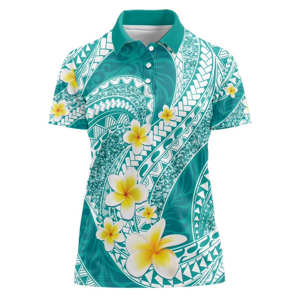 Plumeria Polynesian Teal Glitter Pattern Women Polo Shirt