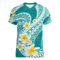 Plumeria Polynesian Teal Glitter Pattern Women V-Neck T-Shirt LT01 Female Teal - Polynesian Pride