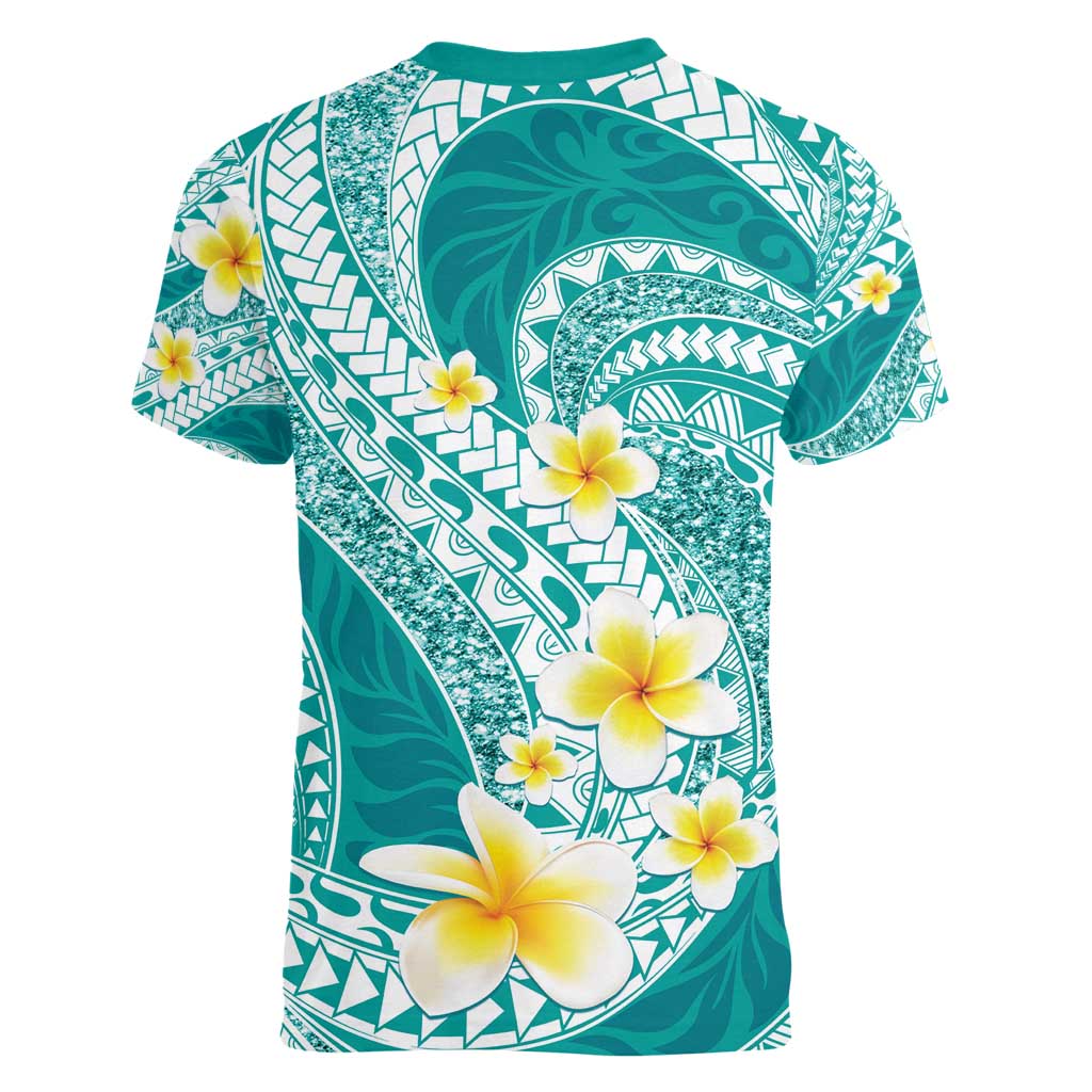 Plumeria Polynesian Teal Glitter Pattern Women V-Neck T-Shirt LT01 - Polynesian Pride