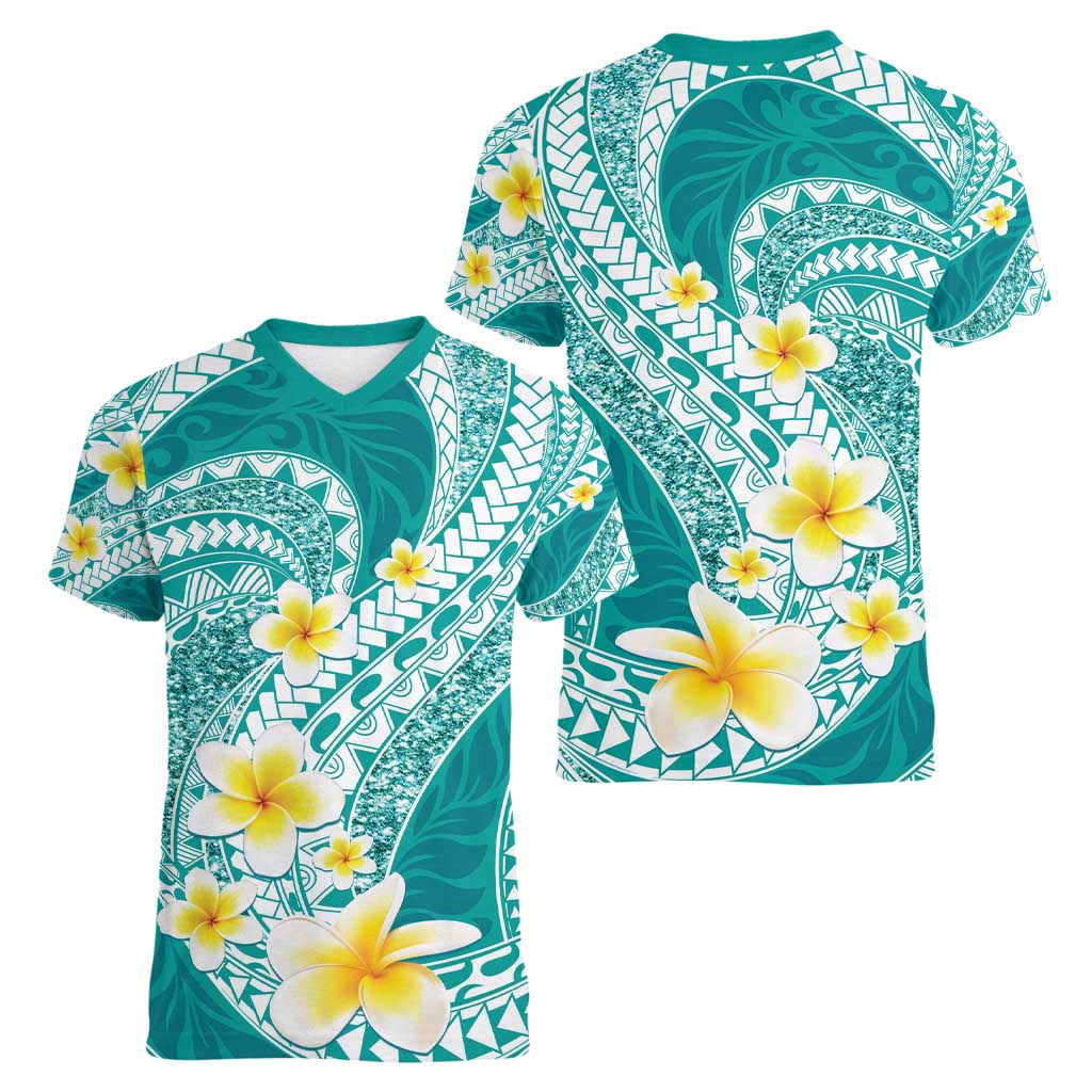 Plumeria Polynesian Teal Glitter Pattern Women V-Neck T-Shirt LT01 - Polynesian Pride
