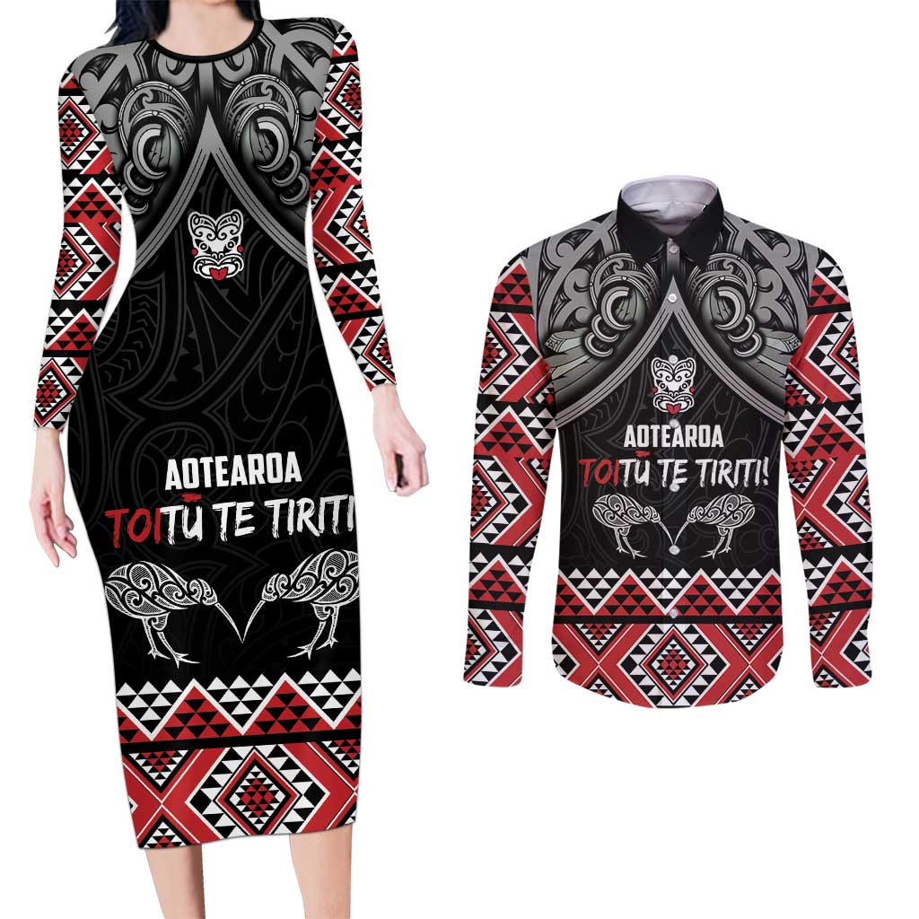 Aotearoa Toitu Te Tiriti Waitangi Couples Matching Long Sleeve Bodycon Dress and Long Sleeve Button Shirt Proud To Be Maori