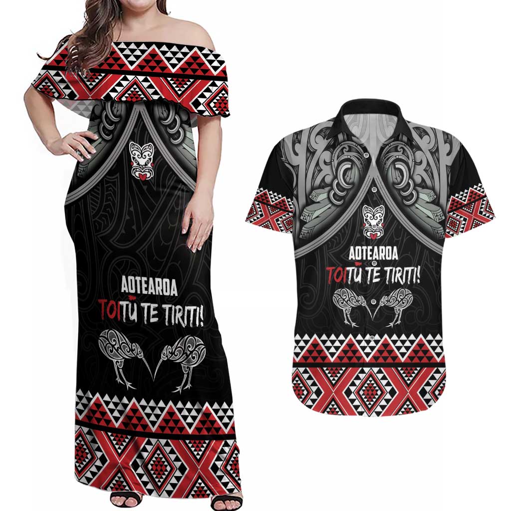 Aotearoa Toitu Te Tiriti Waitangi Couples Matching Off Shoulder Maxi Dress and Hawaiian Shirt Proud To Be Maori