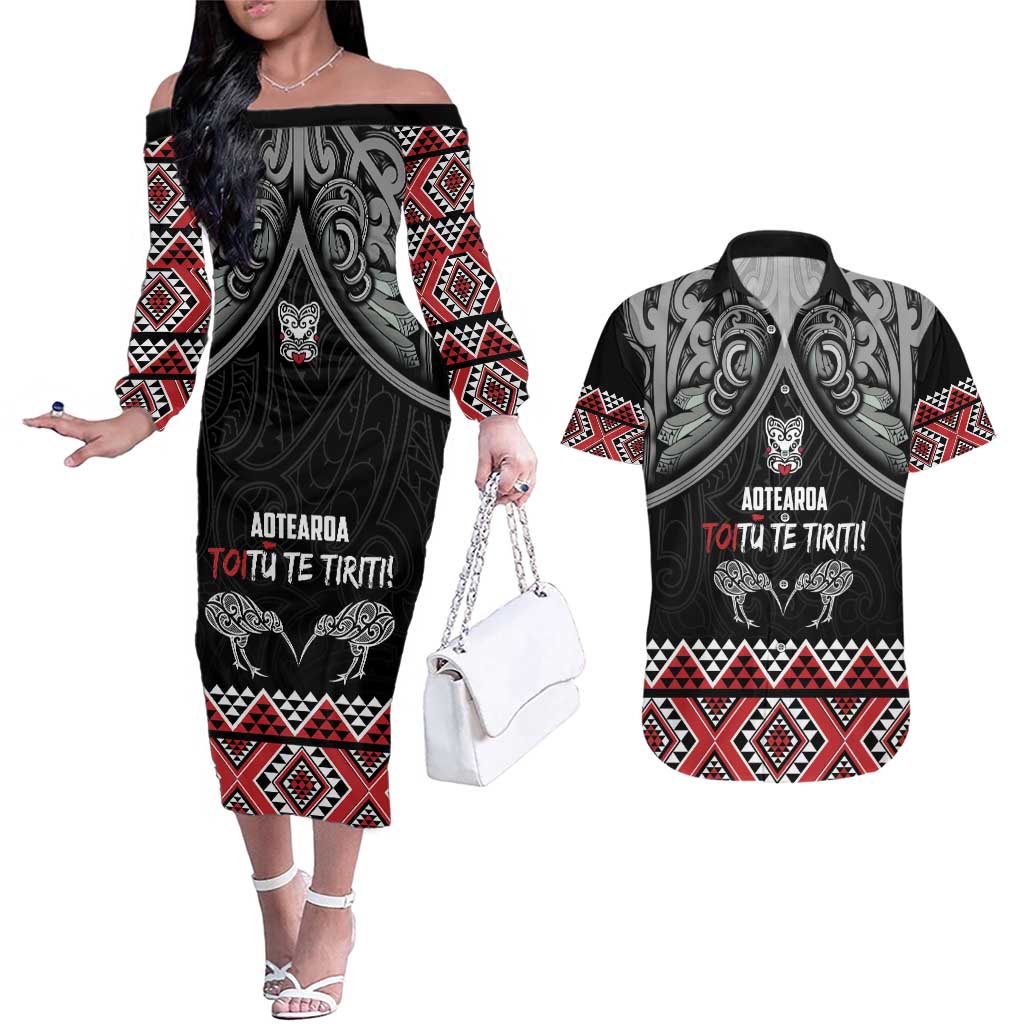 Aotearoa Toitu Te Tiriti Waitangi Couples Matching Off The Shoulder Long Sleeve Dress and Hawaiian Shirt Proud To Be Maori