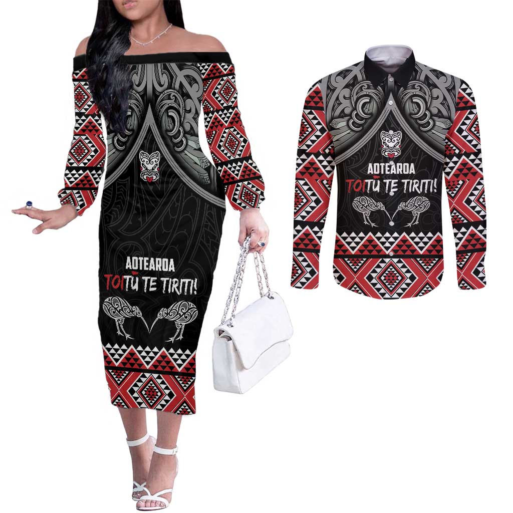 Aotearoa Toitu Te Tiriti Waitangi Couples Matching Off The Shoulder Long Sleeve Dress and Long Sleeve Button Shirt Proud To Be Maori