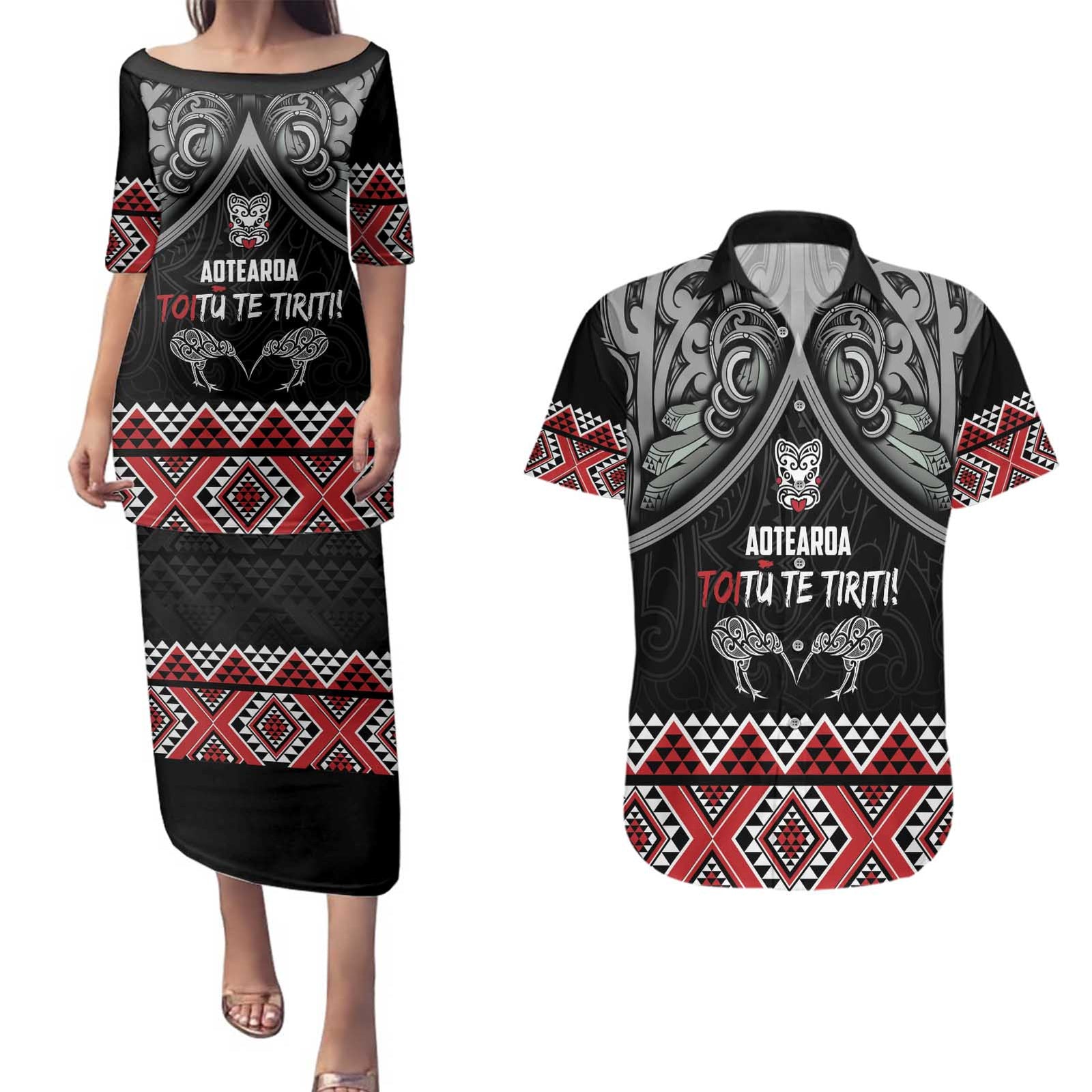 Aotearoa Toitu Te Tiriti Waitangi Couples Matching Puletasi and Hawaiian Shirt Proud To Be Maori LT01 Black - Polynesian Pride