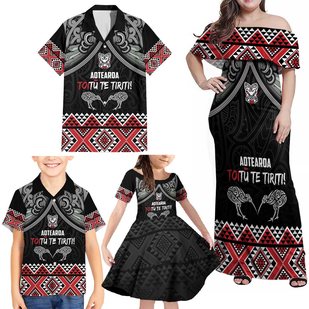 Aotearoa Toitu Te Tiriti Waitangi Family Matching Off Shoulder Maxi Dress and Hawaiian Shirt Proud To Be Maori