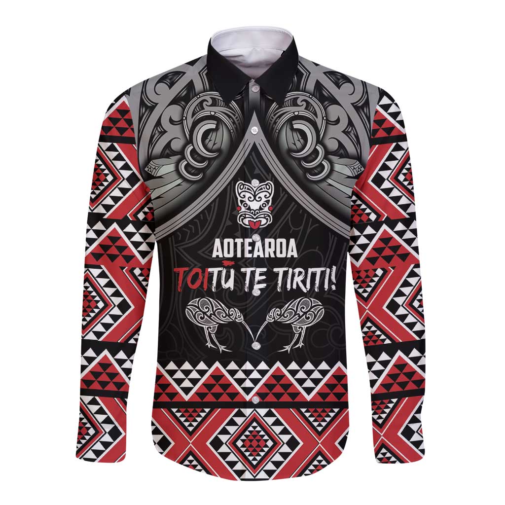 Aotearoa Toitu Te Tiriti Waitangi Long Sleeve Button Shirt Proud To Be Maori LT01 Unisex Black - Polynesian Pride
