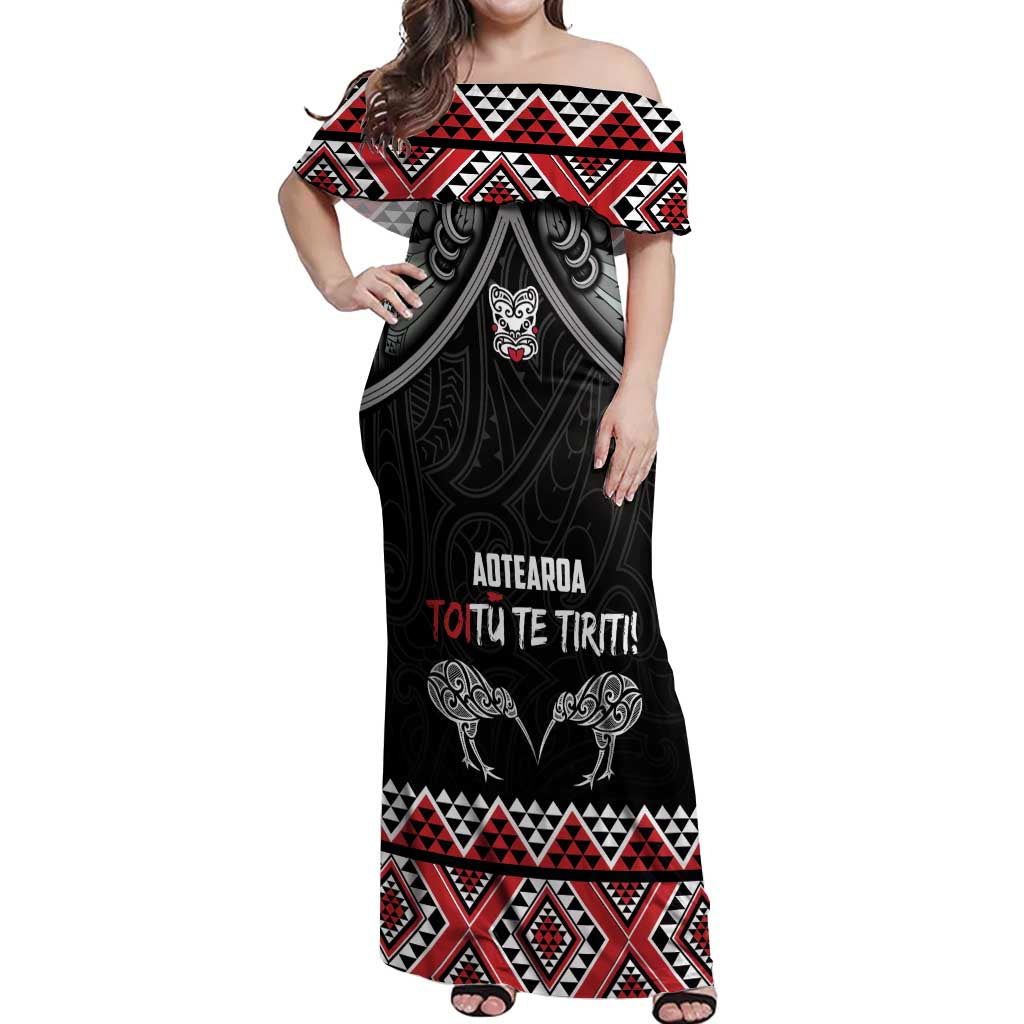 Aotearoa Toitu Te Tiriti Waitangi Off Shoulder Maxi Dress Proud To Be Maori LT01 Women Black - Polynesian Pride