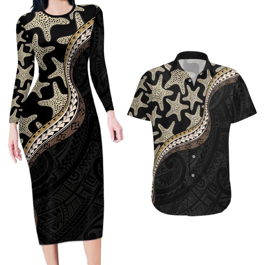 Beige Polynesian Starfish Unique Pattern Couples Matching Long Sleeve Bodycon Dress and Hawaiian Shirt LT01 Beige - Polynesian Pride