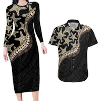 Beige Polynesian Starfish Unique Pattern Couples Matching Long Sleeve Bodycon Dress and Hawaiian Shirt LT01 Beige - Polynesian Pride